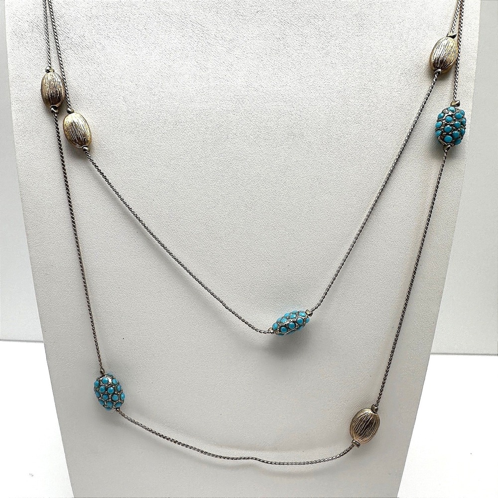 Vintage 90s Gold Tone Long Station Necklace Blue Turquoise Glass Bead Oval Retro